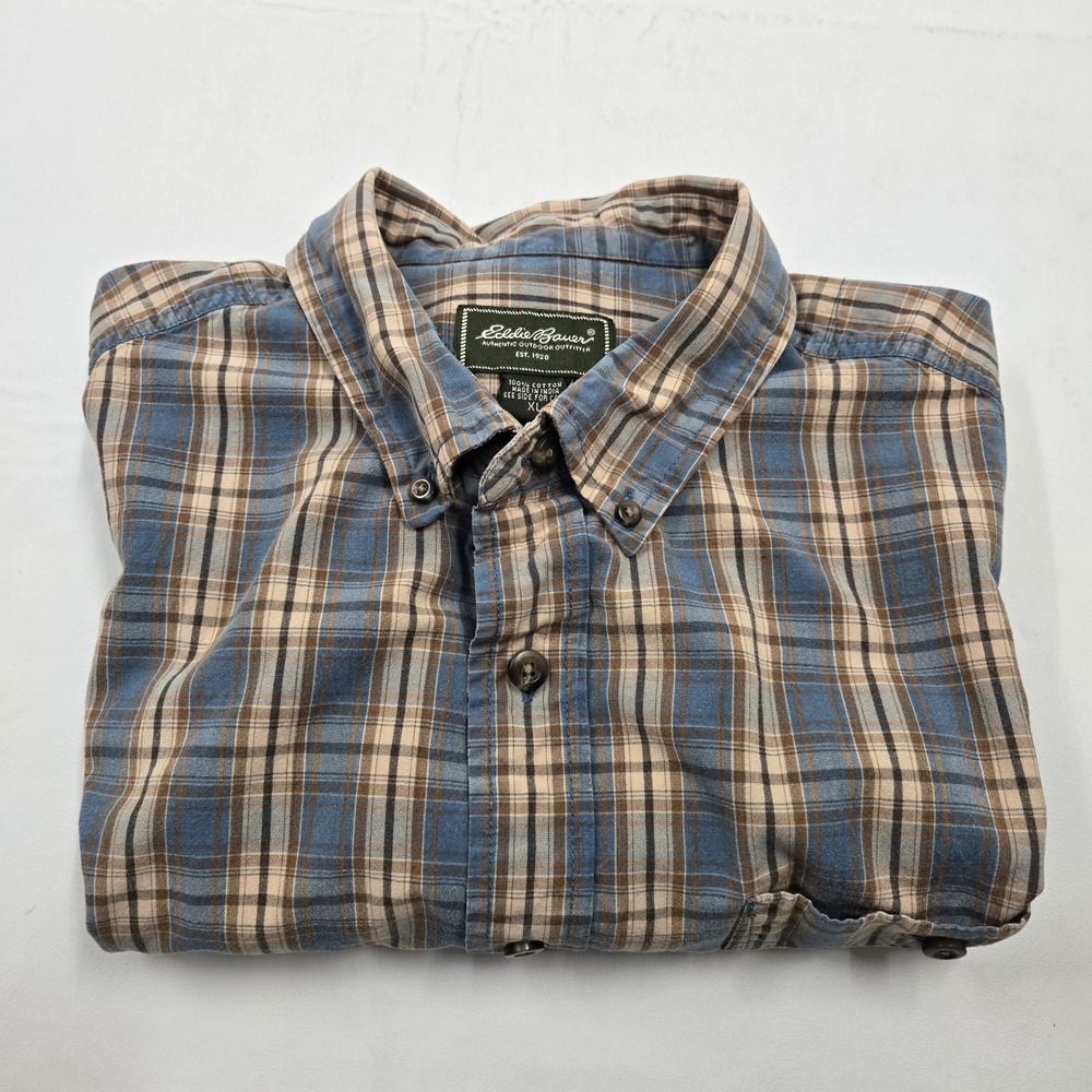 Eddie Bauer Short Sleeve Plaid Shirt Men's Size XL Tan Blue Vintage